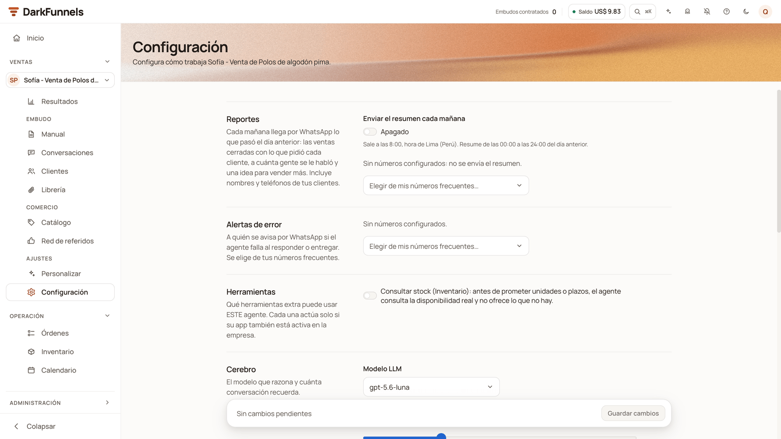 Funnel Configuración screen with the Reportes section: the «Enviar el resumen cada mañana» switch off, the «Sin números configurados: no se envía el resumen» notice and the Elegir de mis números frecuentes selector
