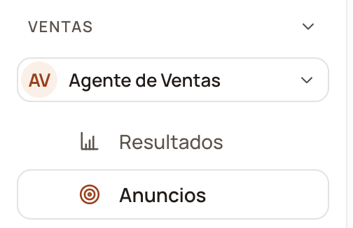 Menú lateral con la sección Ventas y la entrada Anuncios seleccionada