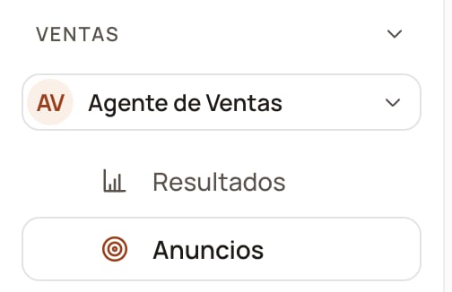Menú lateral con la sección Ventas y la entrada Anuncios seleccionada