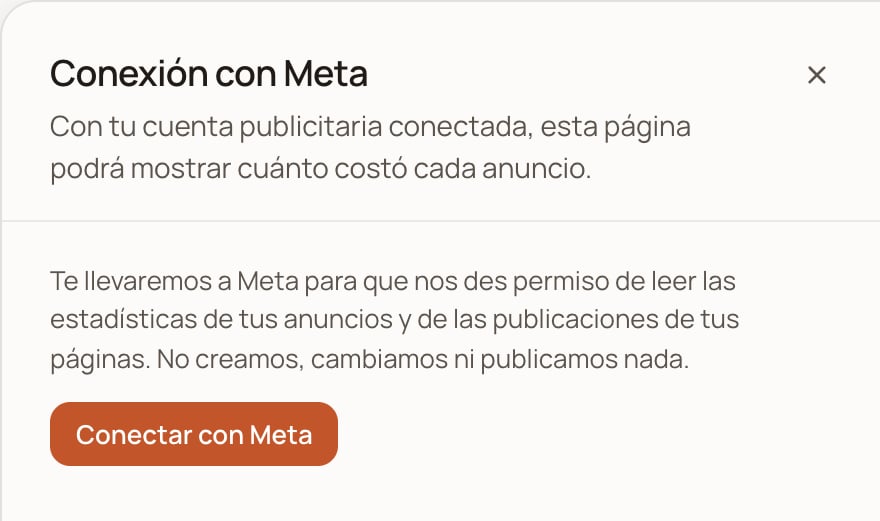 Hoja Conexión con Meta con el botón Conectar con Meta