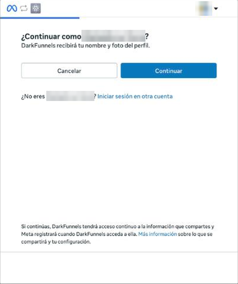 Ventana de Meta que pregunta ¿Continuar como …? con los botones Cancelar y Continuar