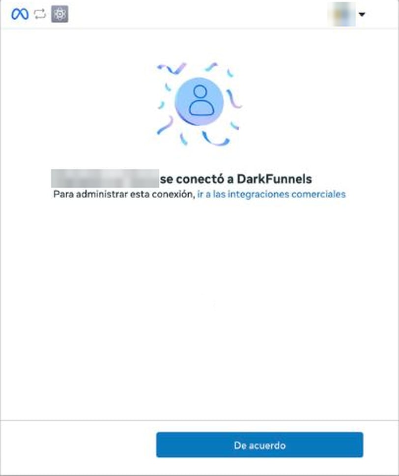 Ventana de Meta que confirma la conexión con DarkFunnels y el botón De acuerdo