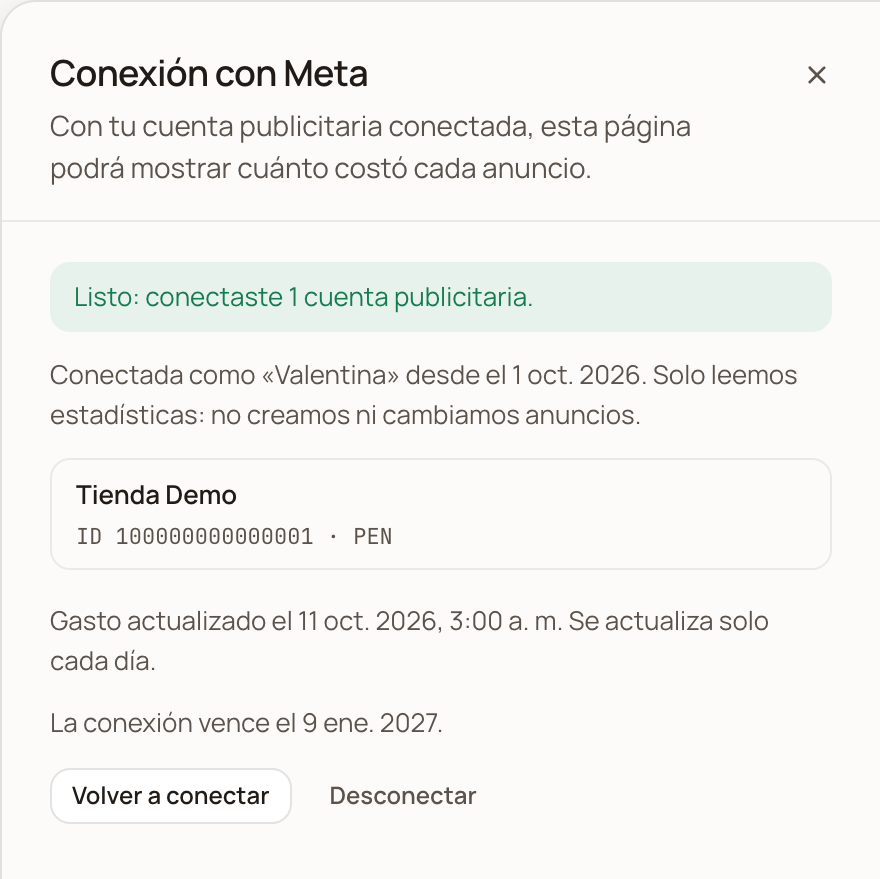 Hoja Conexión con Meta con el aviso Listo: conectaste 1 cuenta publicitaria, la cuenta, la fecha de actualización y la de vencimiento