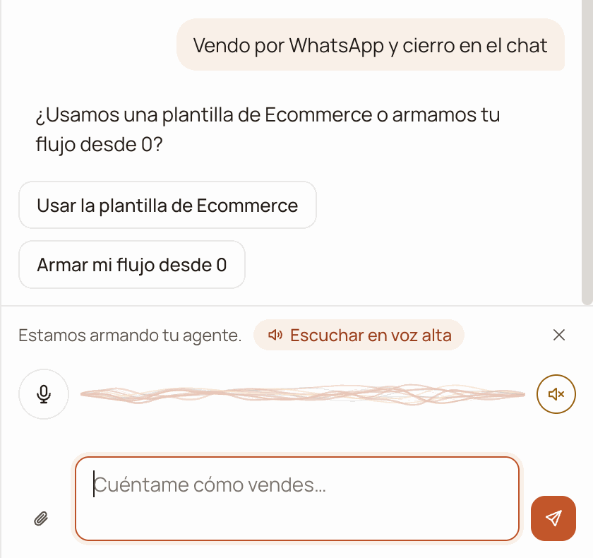 Copilot asking «¿Usamos una plantilla de Ecommerce o armamos tu flujo desde 0?» (Shall we use an Ecommerce template or build your flow from scratch?) with the buttons «Usar la plantilla de Ecommerce» and «Armar mi flujo desde 0»