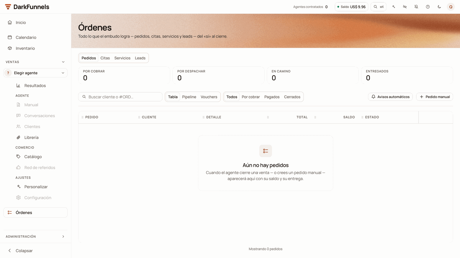 Órdenes screen with the Pedidos, Citas, Servicios and Leads tabs, the Por cobrar, Por despachar, En camino and Entregados counters at 0, the search box, the Tabla, Pipeline and Vouchers views, the Todos, Por cobrar, Pagados and Cerrados filters, Avisos automáticos, Pedido manual and the notice «Aún no hay pedidos» (No orders yet)