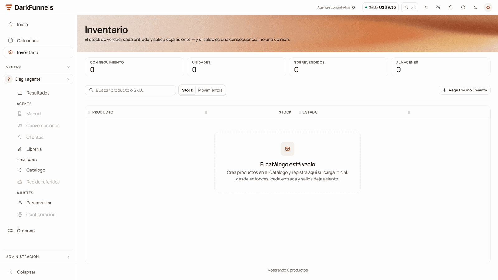 Inventario screen with the four counters at 0, the Stock and Movimientos tabs, the Registrar movimiento button and the «El catálogo está vacío» notice