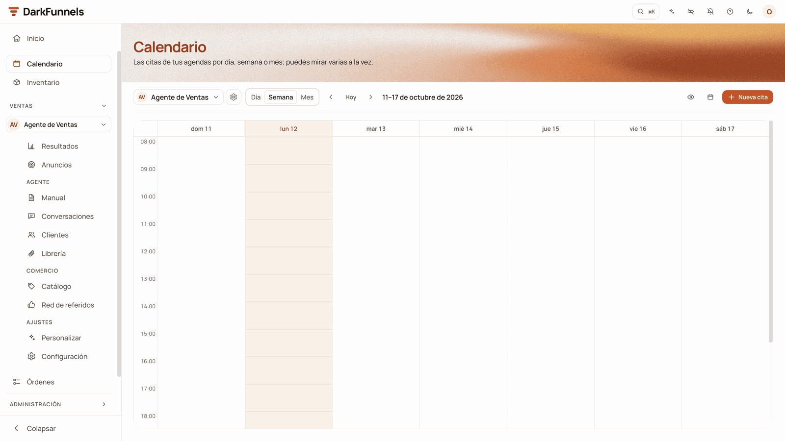 Calendario screen in the Semana view for 11–17 October 2026, with no appointments, the schedule selector on «Agente de Ventas», the Día, Semana and Mes buttons, Hoy and Nueva cita