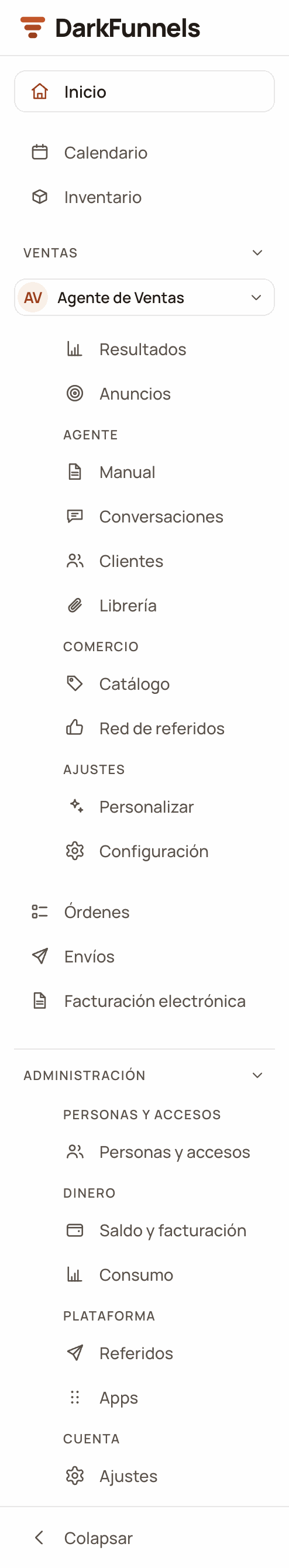 Expanded side menu of the dashboard with Inicio, the apps, Ventas open with its funnel selector and its entries, and the Administración block