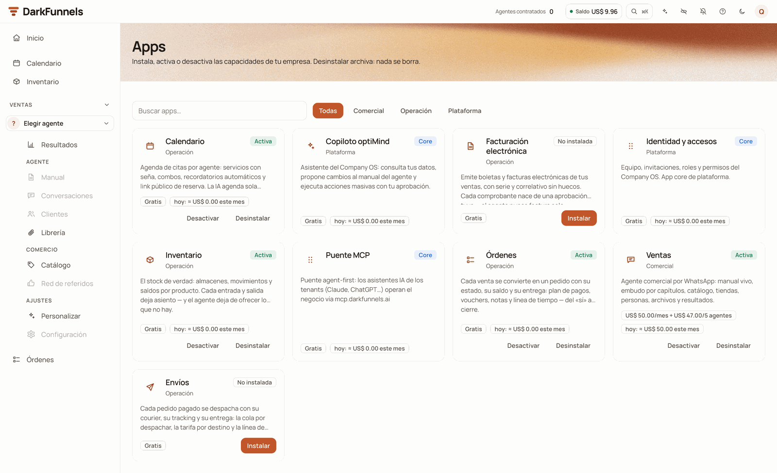 Apps screen with nine boxes, each with its status («Activa», «Core» or «No instalada», Active, Core or Not installed, with the «Instalar» button, Install), its price («Gratis», Free, or, for Ventas, the base plus the slots) and what it is running up this month
