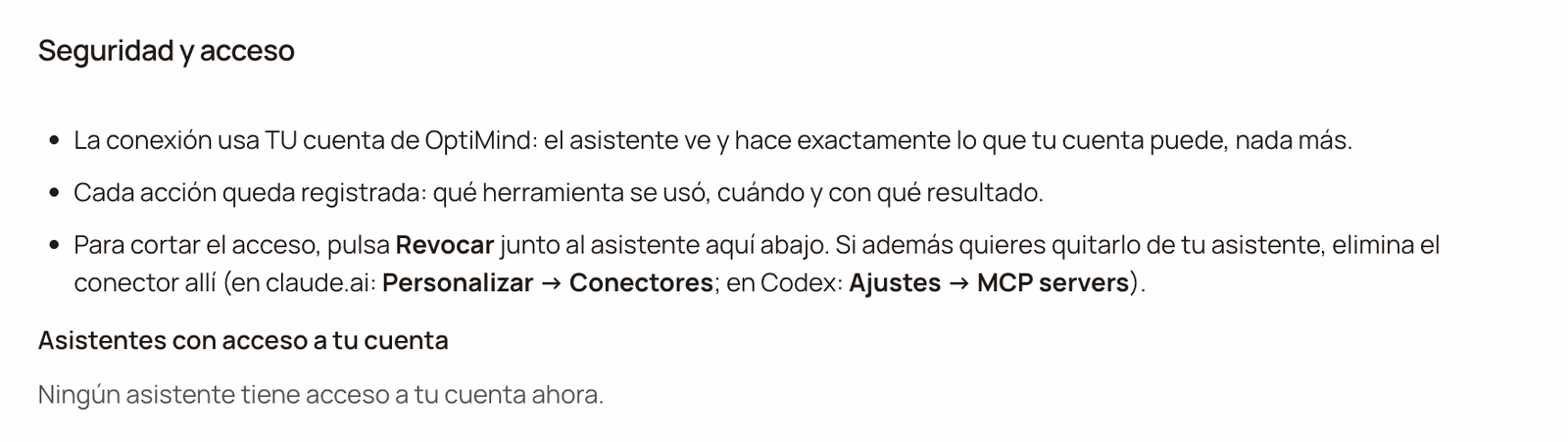 Seguridad y acceso (Security and access) card with three bullet points about the connection and the Asistentes con acceso a tu cuenta (Assistants with access to your account) list, which reads Ningún asistente tiene acceso a tu cuenta ahora (No assistant has access to your account right now)