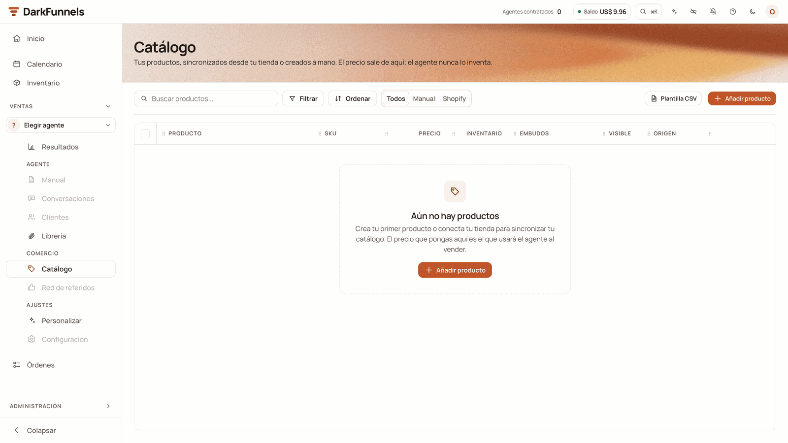 Empty Catálogo screen with the message «Aún no hay productos» (No products yet) and the Plantilla CSV and Añadir producto buttons
