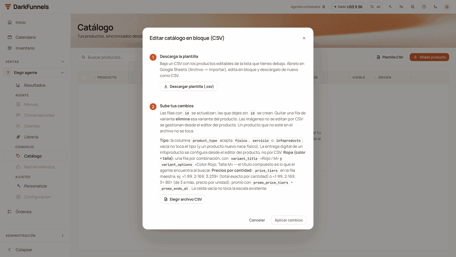 «Editar catálogo en bloque (CSV)» window with the Descarga la plantilla and Sube tus cambios steps
