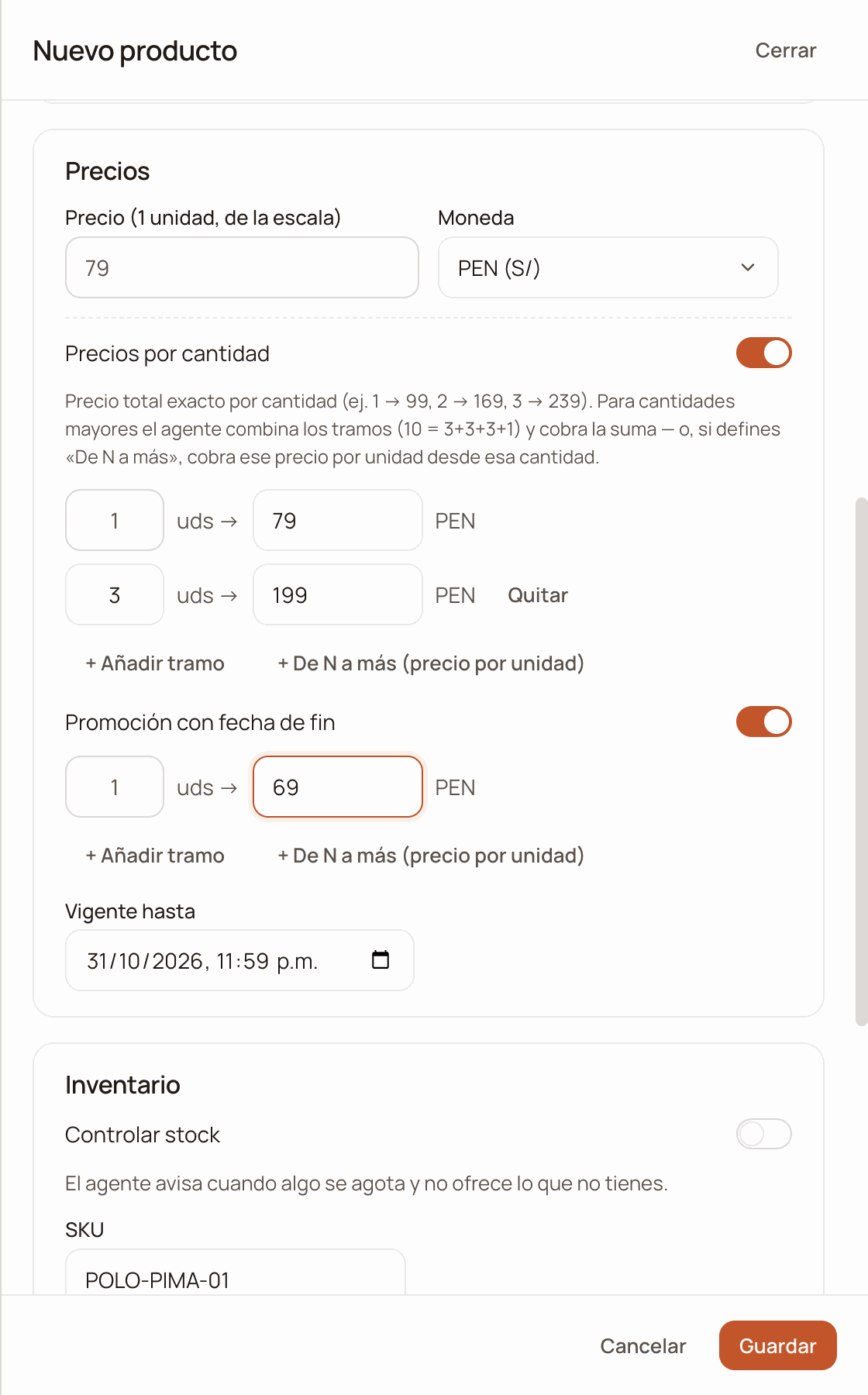 Precios block with the Precios por cantidad switch on, the tiers 1 → 79 and 3 → 199 PEN, and the promotion 1 → 69 PEN with Vigente hasta set to 31/10/2026
