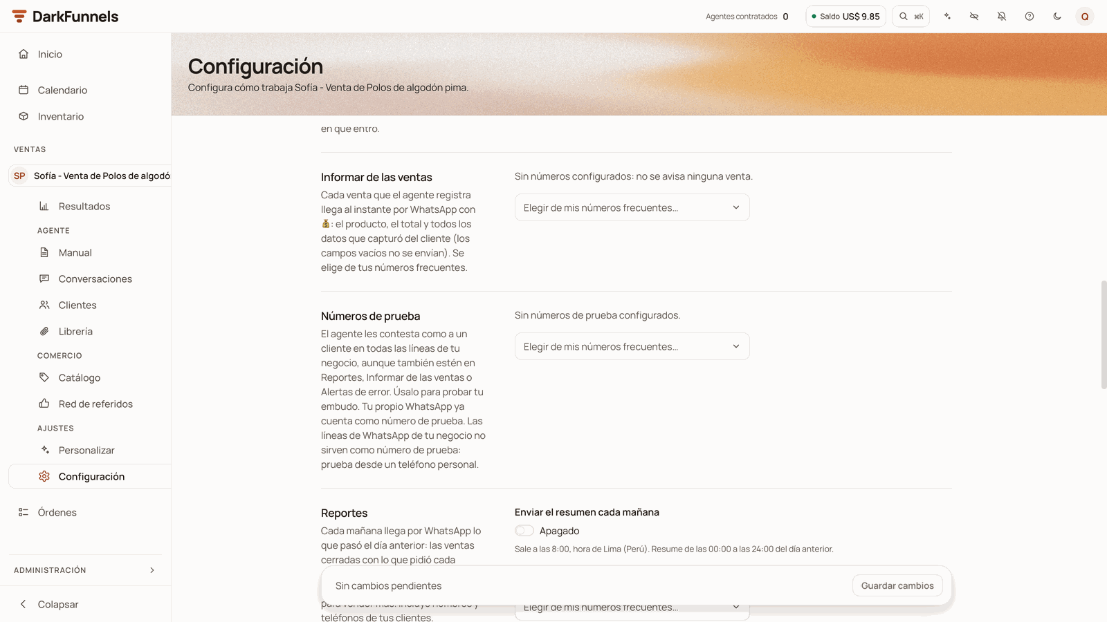 Secciones Informar de las ventas y Números de prueba sin números configurados, cada una con el selector Elegir de mis números frecuentes…, y el comienzo de Reportes