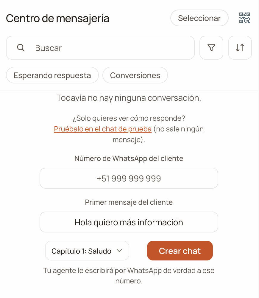 Centro de mensajería (Messaging center) with no conversations, showing the link to the test chat and the form for creating a chat