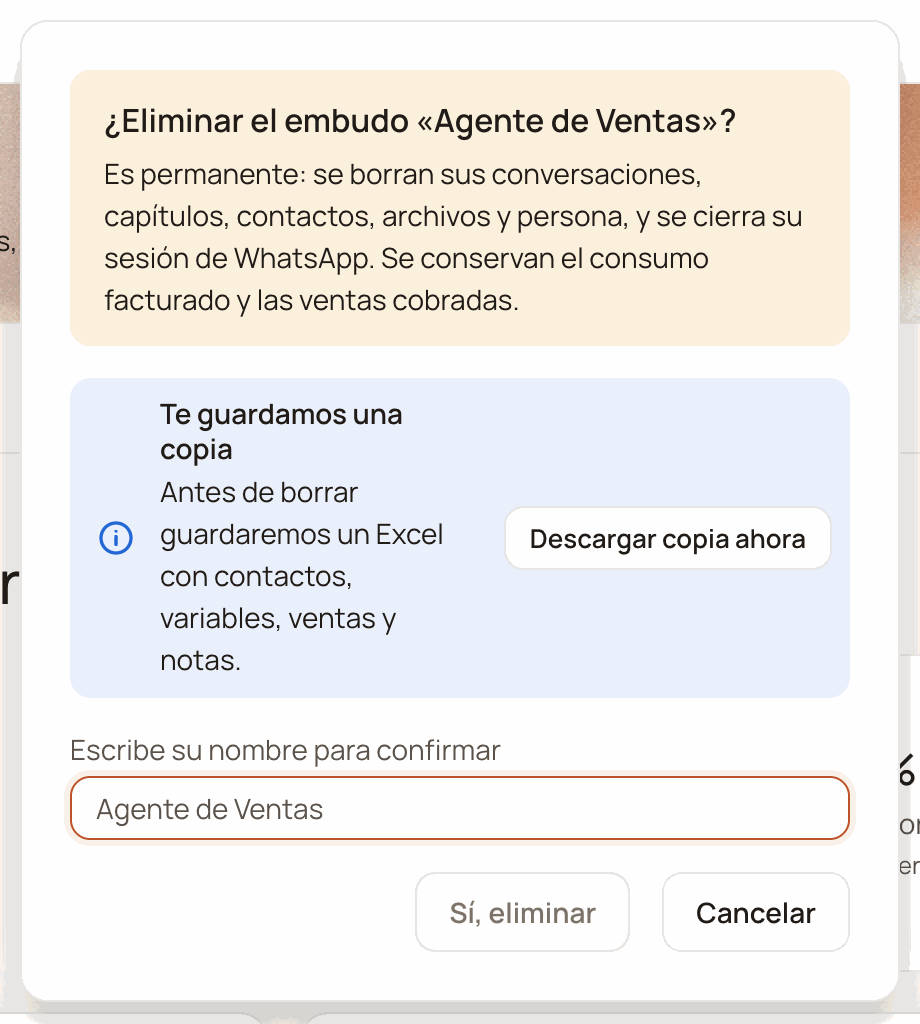 Ventana «¿Eliminar el embudo «Agente de Ventas»?» con lo que se borra y lo que se conserva, el bloque Te guardamos una copia con Descargar copia ahora, el campo Escribe su nombre para confirmar y los botones Sí, eliminar y Cancelar