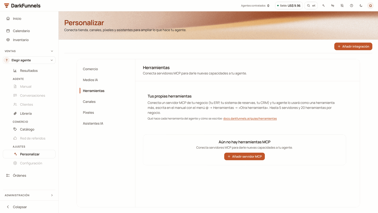 Herramientas (Tools) tab of Personalizar (Customize), still with no servers (Aún no hay herramientas MCP — No MCP tools yet), with the Añadir servidor MCP (Add MCP server) button