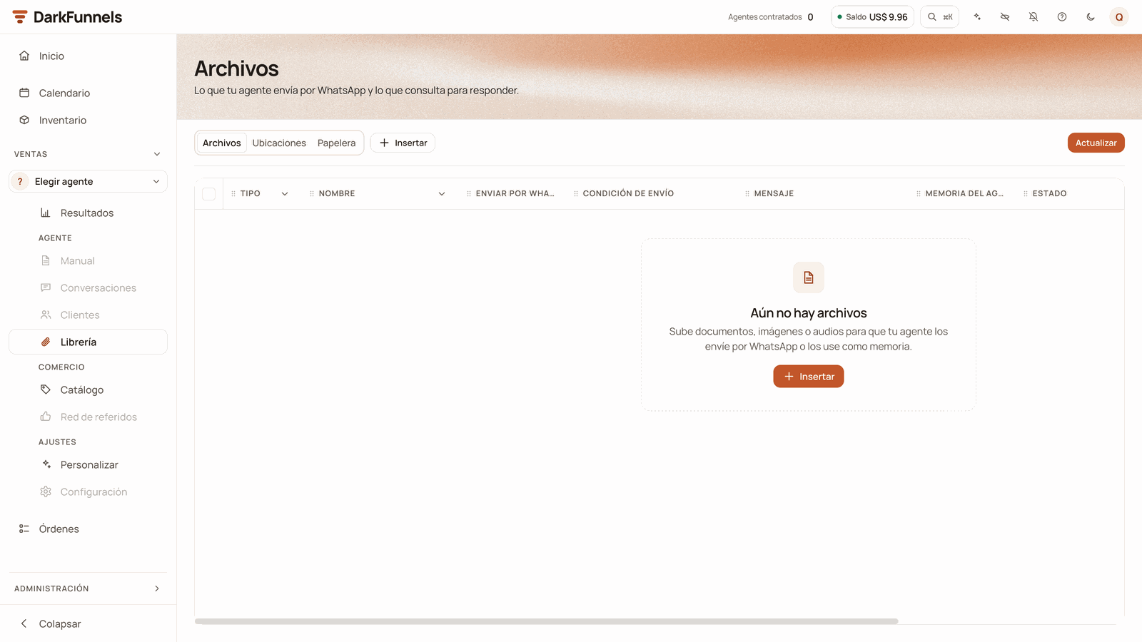 Side menu with Ventas expanded and the Librería (Library) option highlighted, next to the empty Archivos (Files) screen with the «Aún no hay archivos» notice and the Insertar button