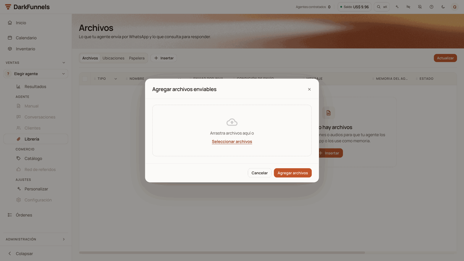 «Agregar archivos enviables» (Add sendable files) window with the drop zone, the Seleccionar archivos (Select files) link and the Cancelar and Agregar archivos buttons