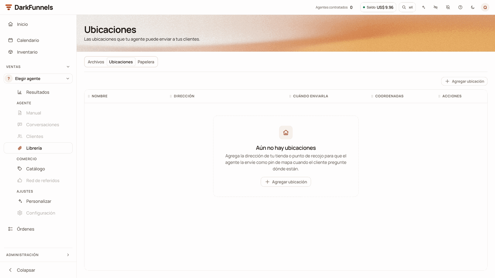 The Library's Ubicaciones (Locations) tab, empty (Aún no hay ubicaciones — No locations yet), with the Nombre, Dirección, Cuándo enviarla, Coordenadas and Acciones (Name, Address, When to send it, Coordinates and Actions) columns and the Agregar ubicación (Add location) button