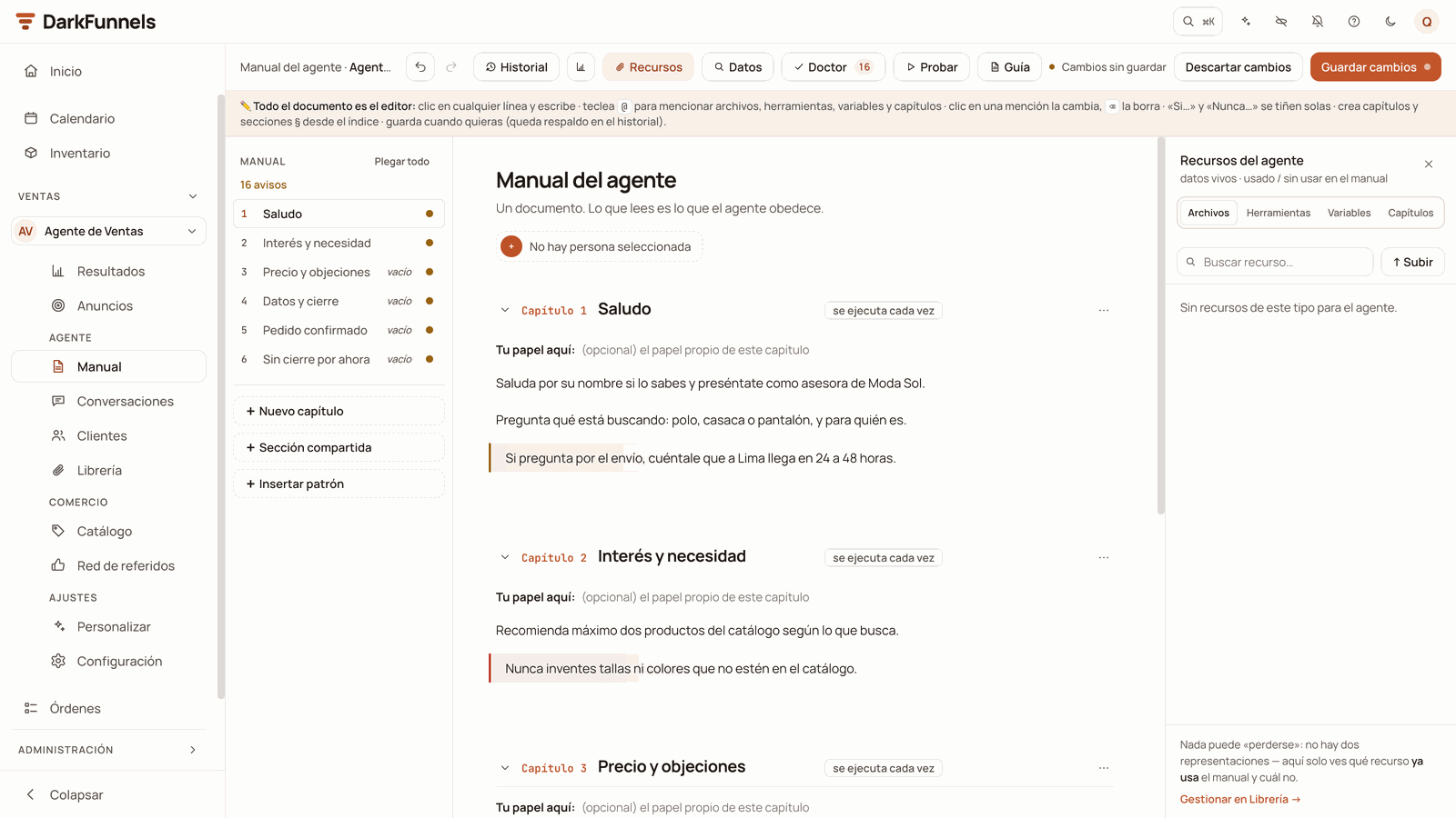 Playbook editor with the six-chapter index on the left, chapters 1 and 2 in the middle, the button bar at the top and the agent's Recursos (Resources) panel open on the right