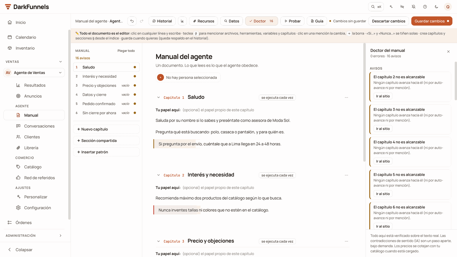Doctor del manual (Playbook Doctor) panel with 0 errors and 16 warnings of the kind El capítulo N no es alcanzable (Chapter N is not reachable), each with the Ir al sitio (Go to the spot) button