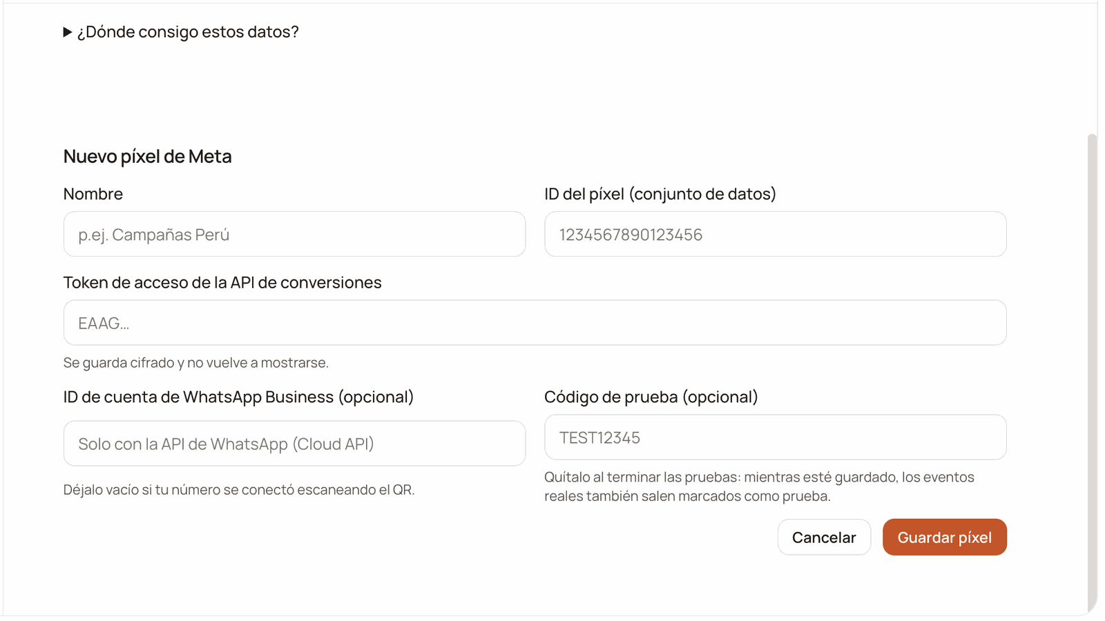 Formulario «Nuevo píxel de Meta» con sus cinco campos