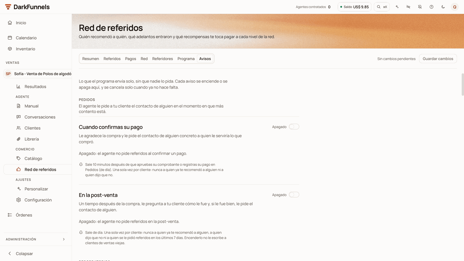 Avisos (Notices) tab with the Pedidos (Requests) group and its notices «Cuando confirmas su pago» and «En la post-venta», both with the switch on Apagado (Off)