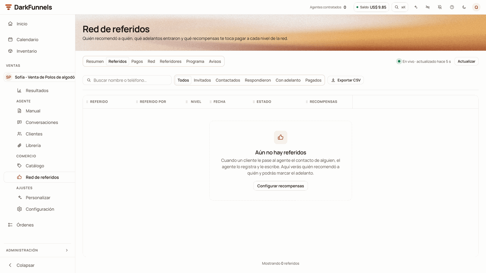 Referidos (Referrals) tab with the «Buscar nombre o teléfono…» search box, the Todos, Invitados, Contactados, Respondieron, Con adelanto and Pagados filters, the Exportar CSV button, the Referido, Referido por, Nivel, Fecha, Estado and Recompensas columns, and the «Aún no hay referidos» (No referrals yet) notice