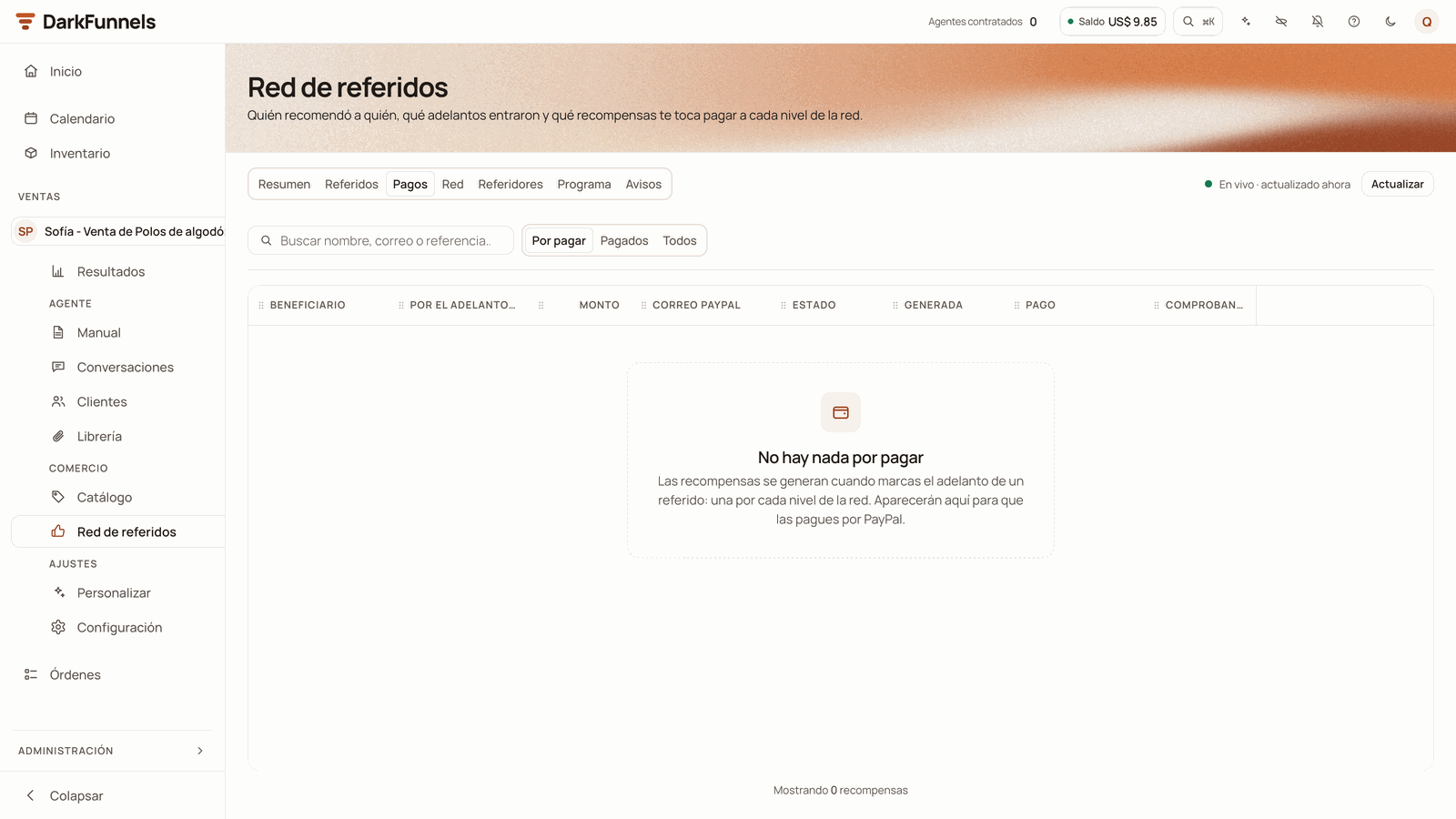 Pagos (Payments) tab with the «Buscar nombre, correo o referencia…» search box, the Por pagar, Pagados and Todos filters, the Beneficiario, Por el adelanto de, Monto, Correo PayPal, Estado, Generada, Pago and Comprobante columns, and the «No hay nada por pagar» (Nothing to pay) notice