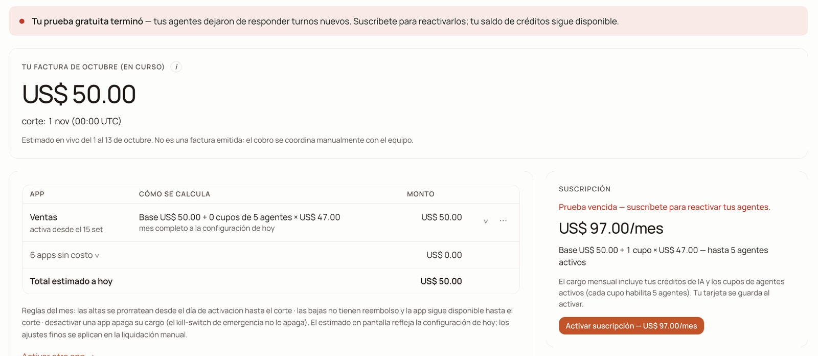Saldo y facturación (Balance and billing) with the notice «Tu prueba gratuita terminó» (Your free trial has ended) and the Suscripción (Subscription) box showing «Prueba vencida — suscríbete para reactivar tus embudos» (Trial expired — subscribe to reactivate your funnels)