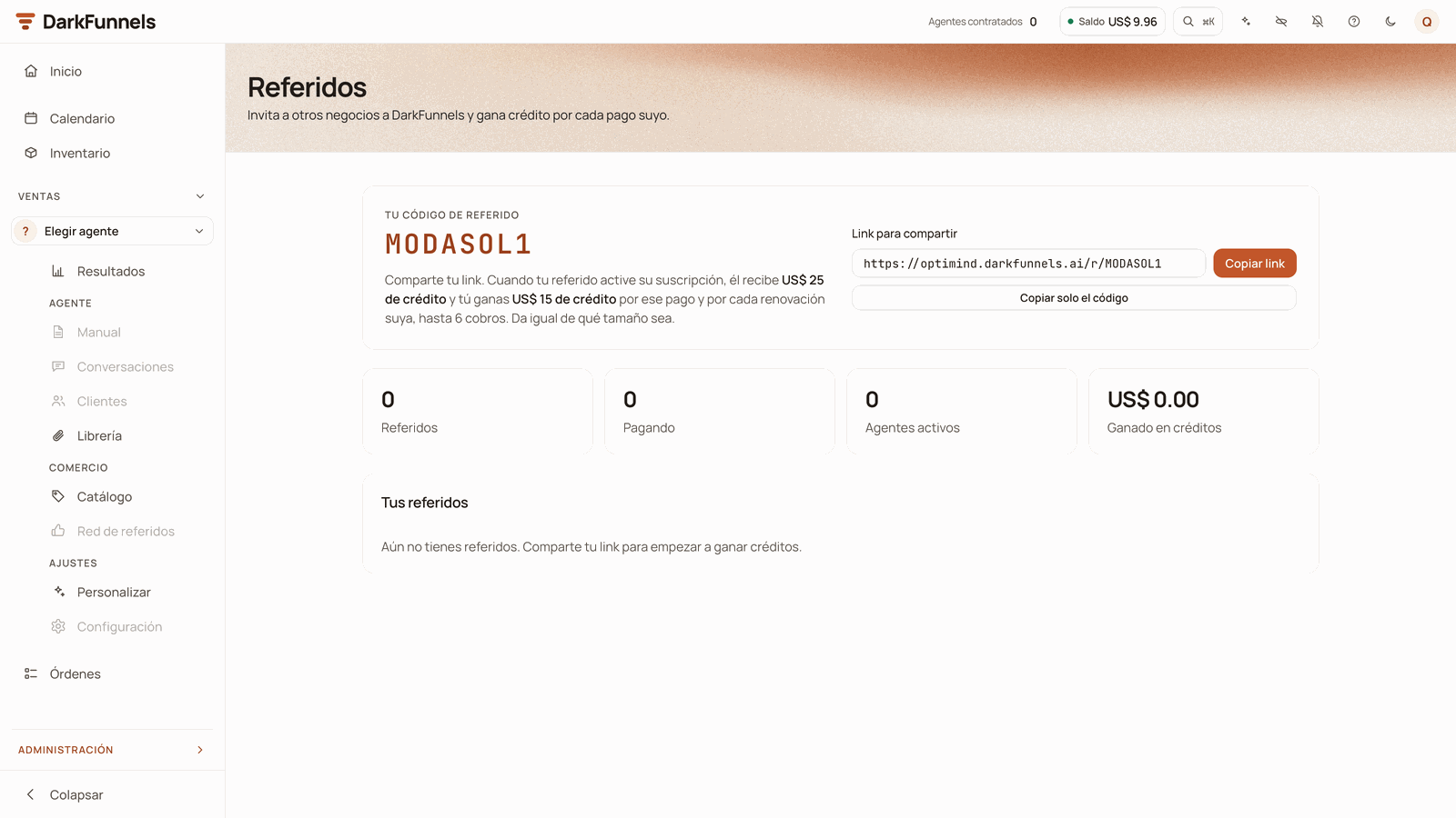 Referidos (Referrals) screen with the referral code «MODASOL1», the link to share with «Copiar link» (Copy link) and «Copiar solo el código» (Copy only the code), the four figures at zero and the empty Tus referidos (Your referrals) table («Aún no tienes referidos…», You have no referrals yet…)