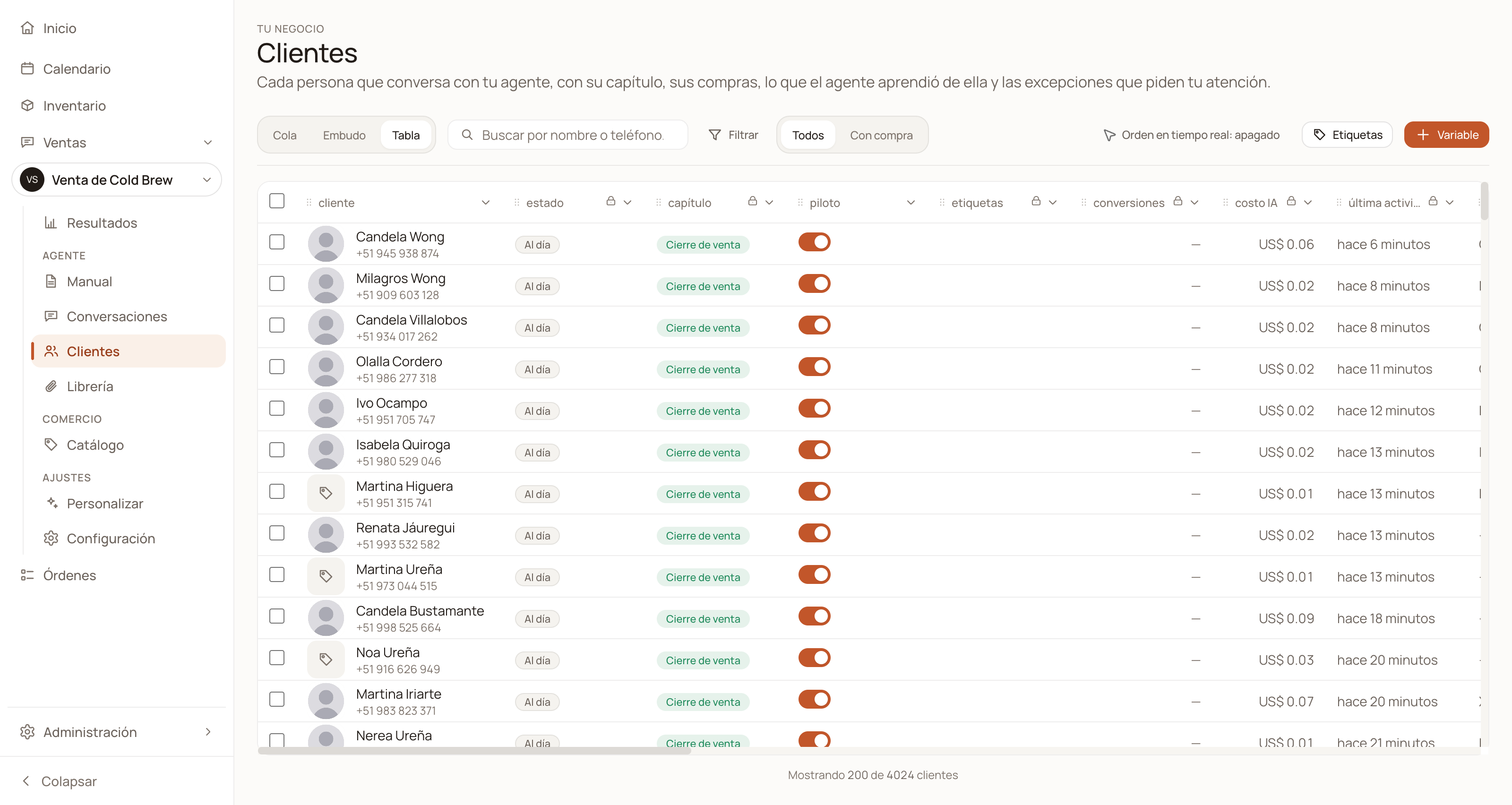DarkFunnels dashboard Customers screen in Table view, with one row per person and its fixed columns