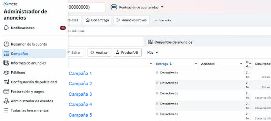 Menú lateral del Administrador de anuncios con la opción Administrador de eventos