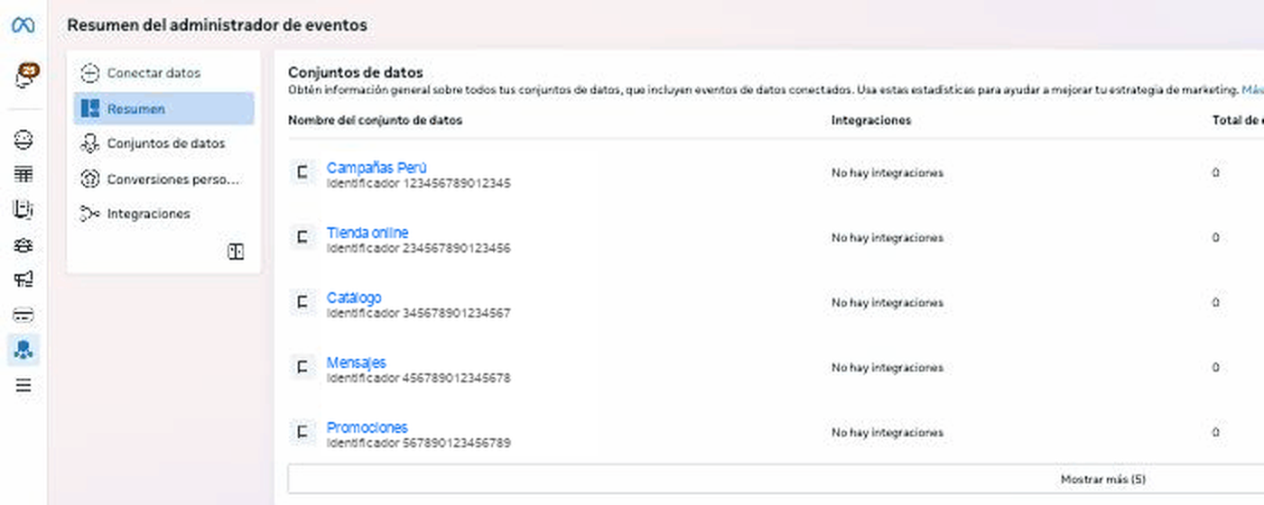 Events Manager side panel with the Connect data option