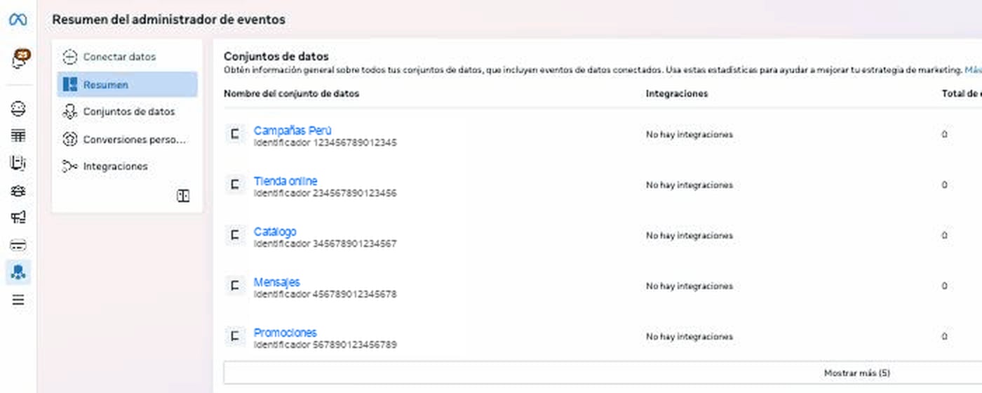 Panel lateral del Administrador de eventos con la opción Conectar datos