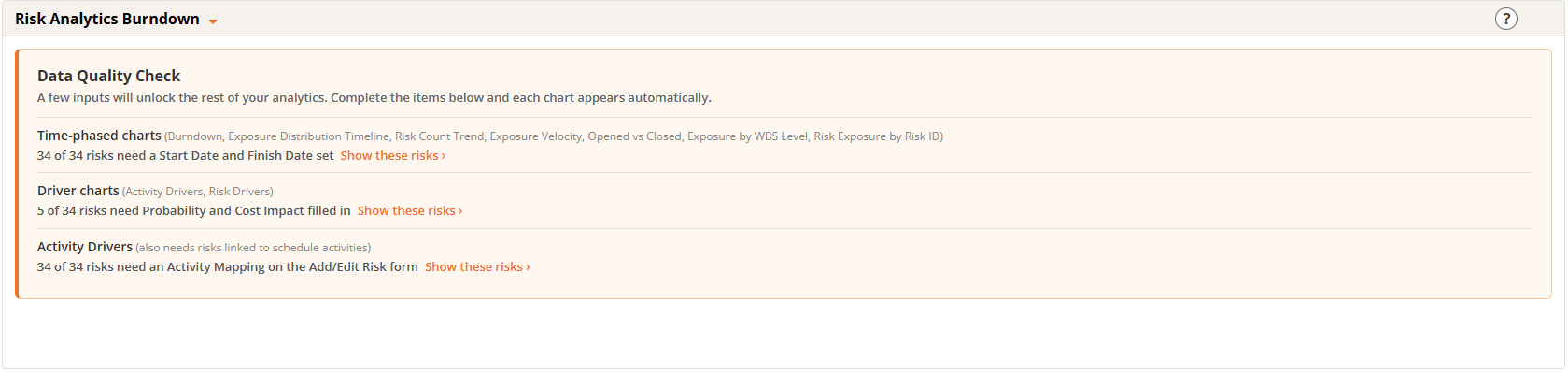 Risk Analytics Burndown readiness summary
