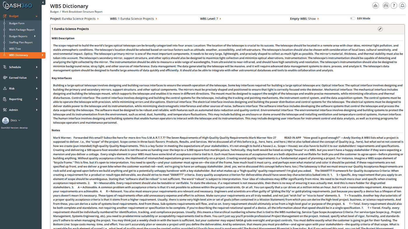 WBS Dictionary