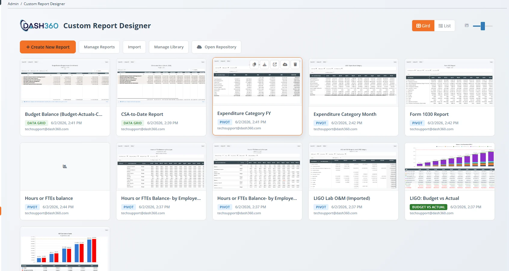 A report card with its action icons: Copy, Export, Open in Viewer, repository actions, and Delete