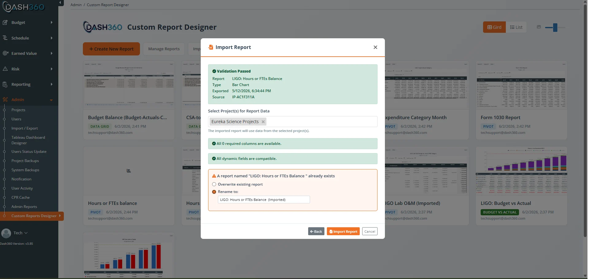 Import dialog after selecting a report package, showing the validation result