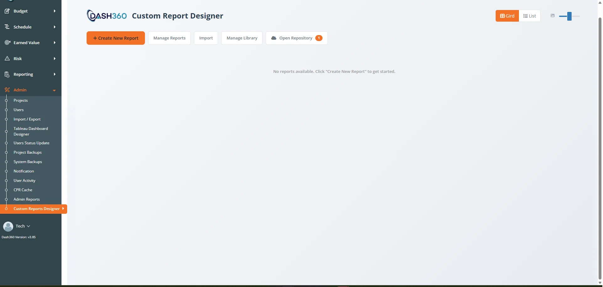 Report Designer landing page