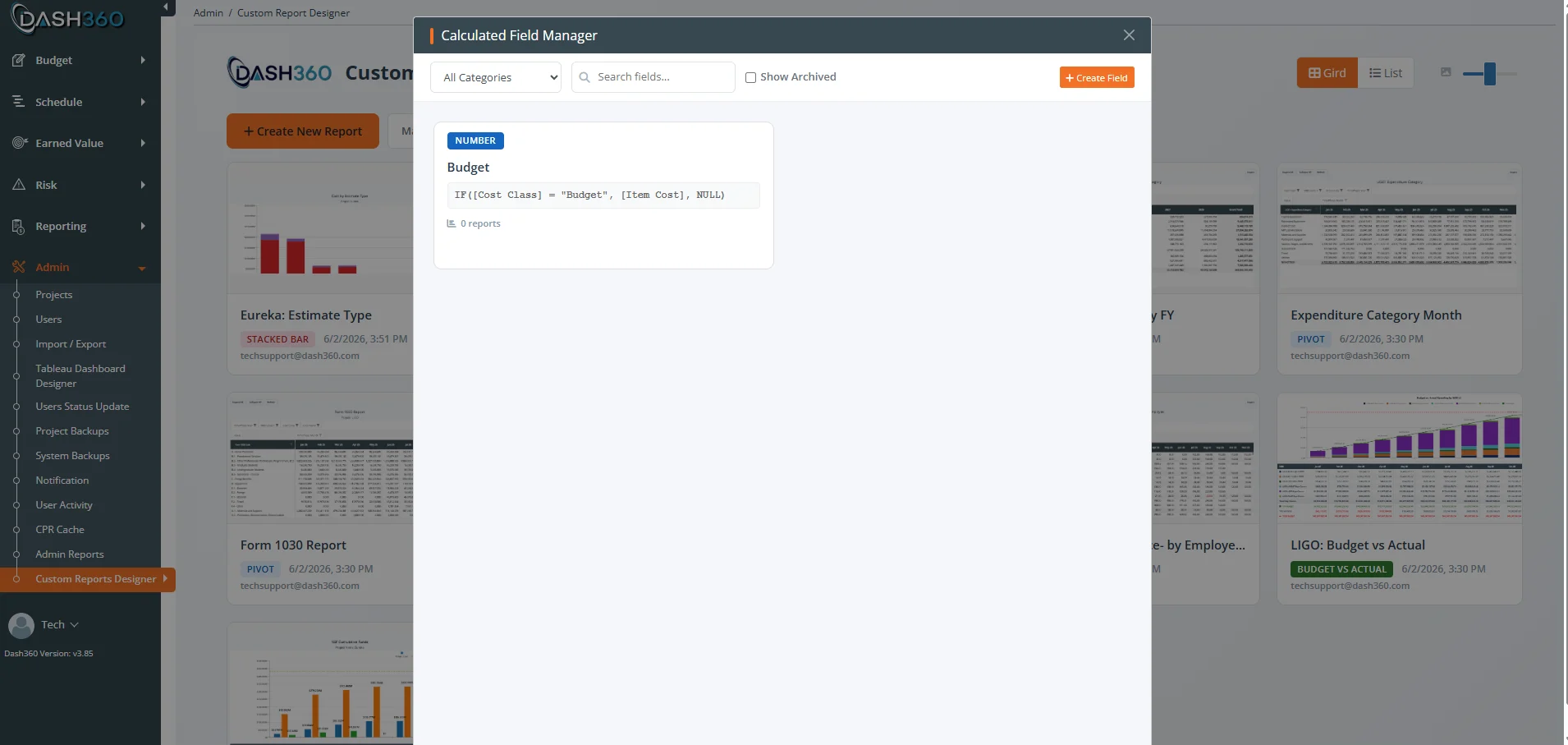 Manage Library window listing saved calculated fields