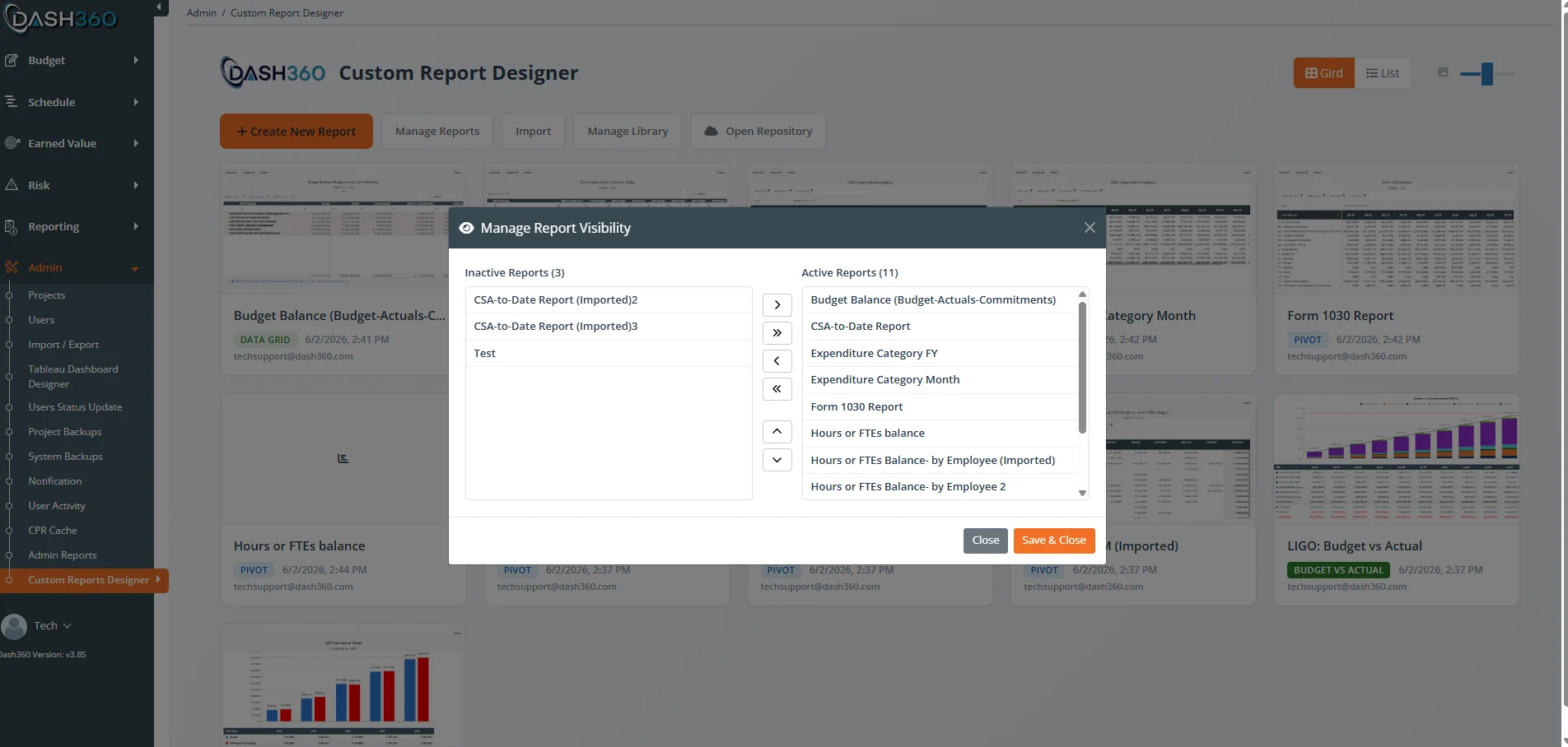 Manage Reports window with active and inactive reports and display-order controls