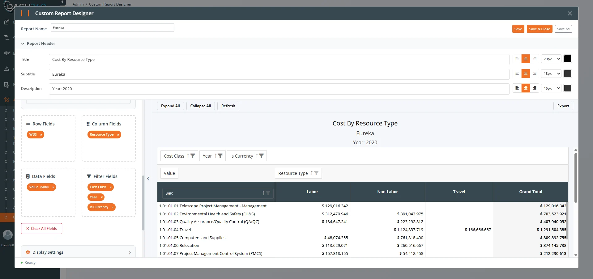 Save dialog with report name and description fields