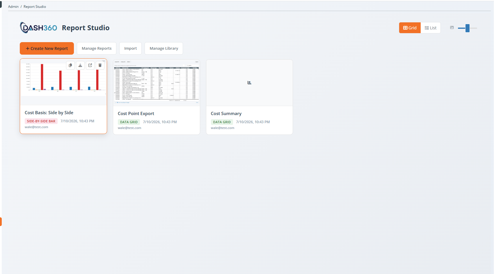 A report card with its action icons: Copy, Export, Open in Viewer, repository actions, and Delete