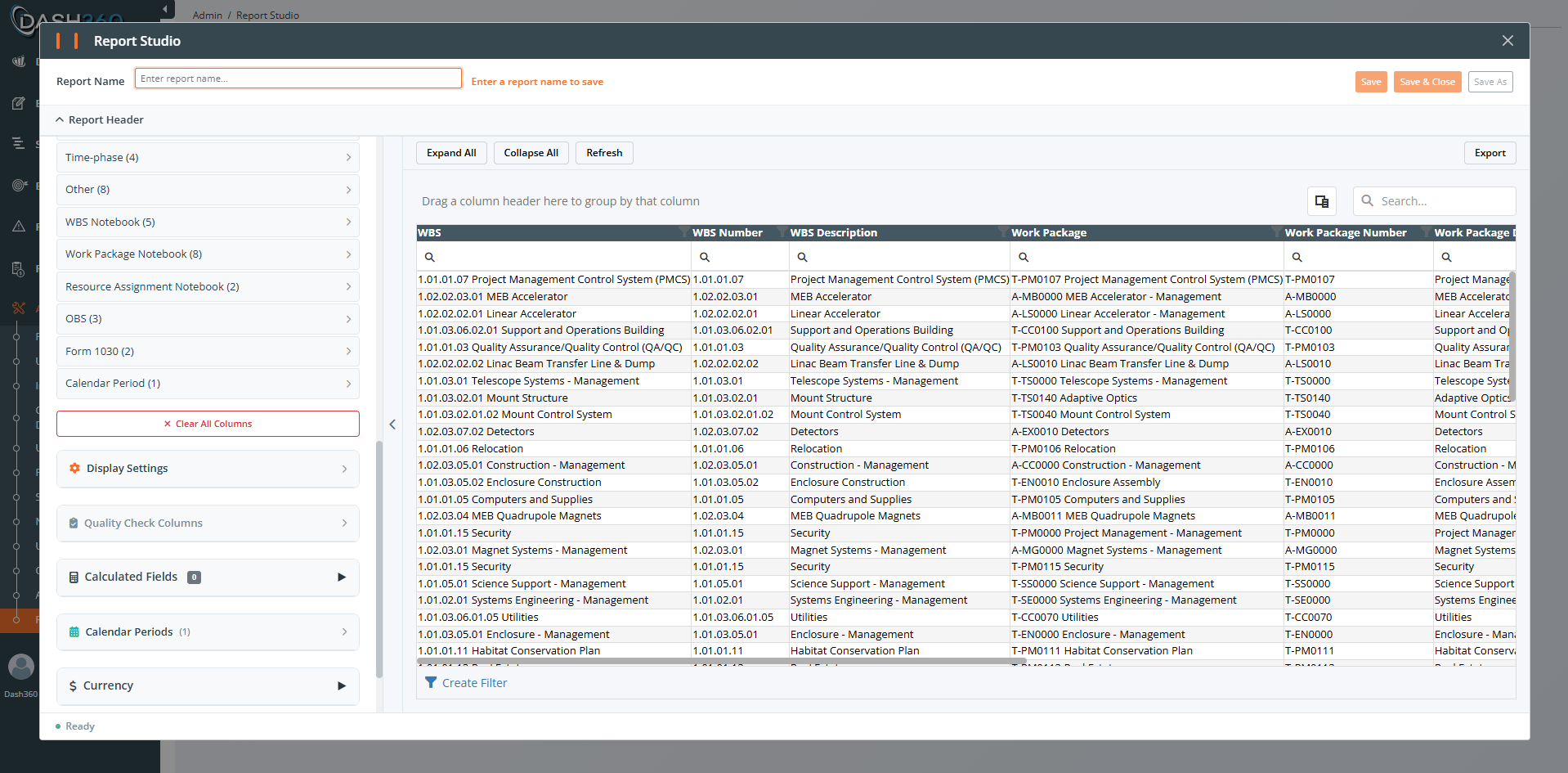 Flat Data Grid configuration: Selected Columns panel, Quick-Add buttons, and Display Settings
