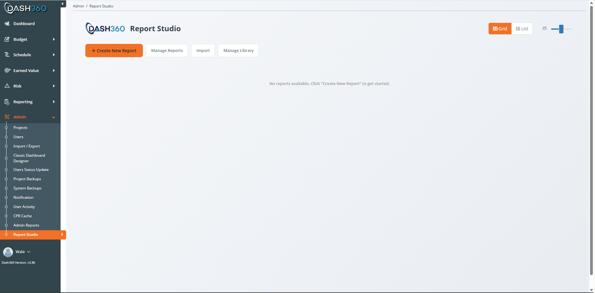 Report Studio landing page