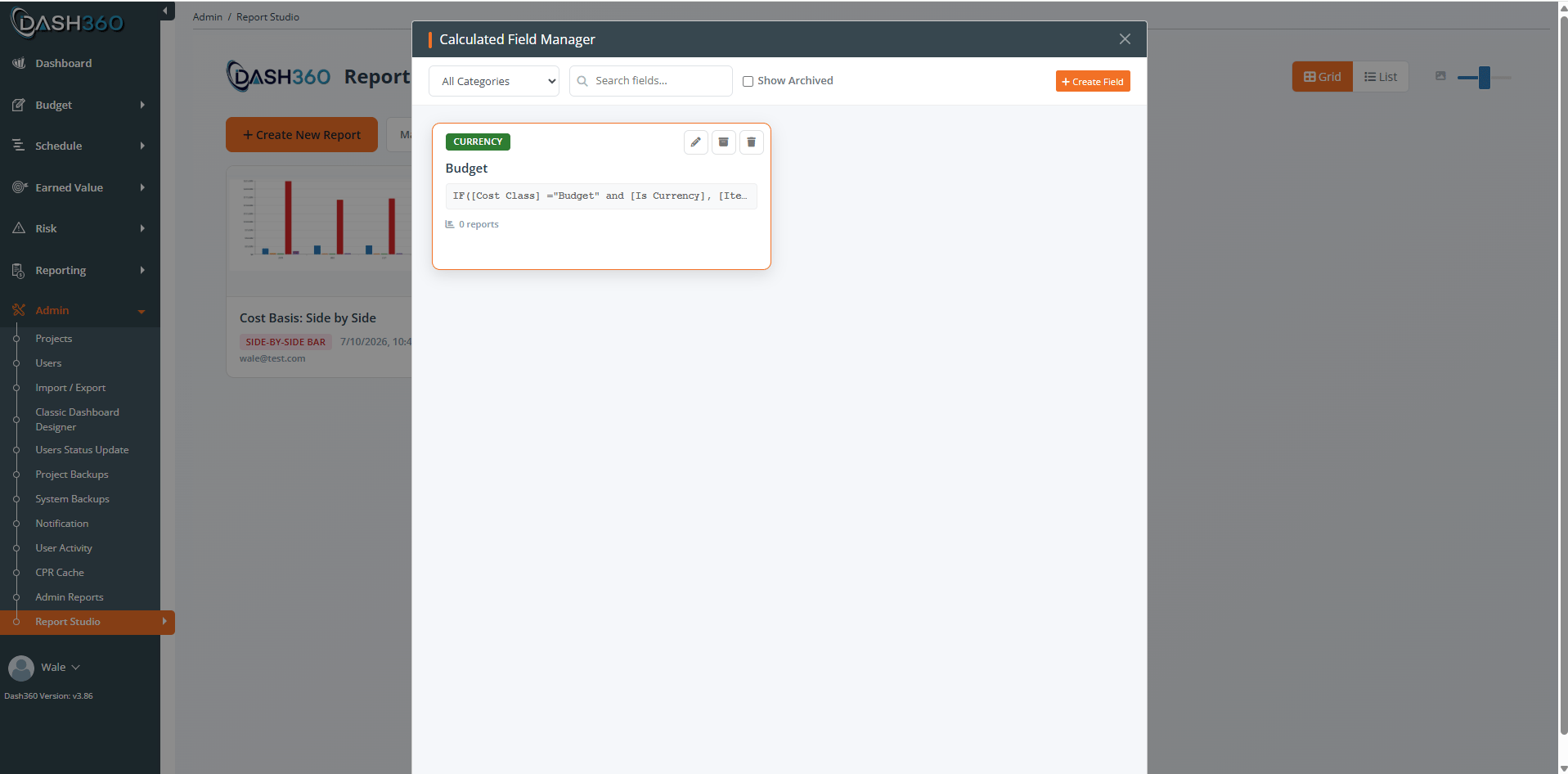Manage Library window listing saved calculated fields