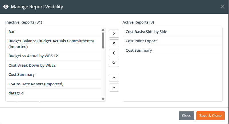 Manage Reports window with active and inactive reports and display-order controls