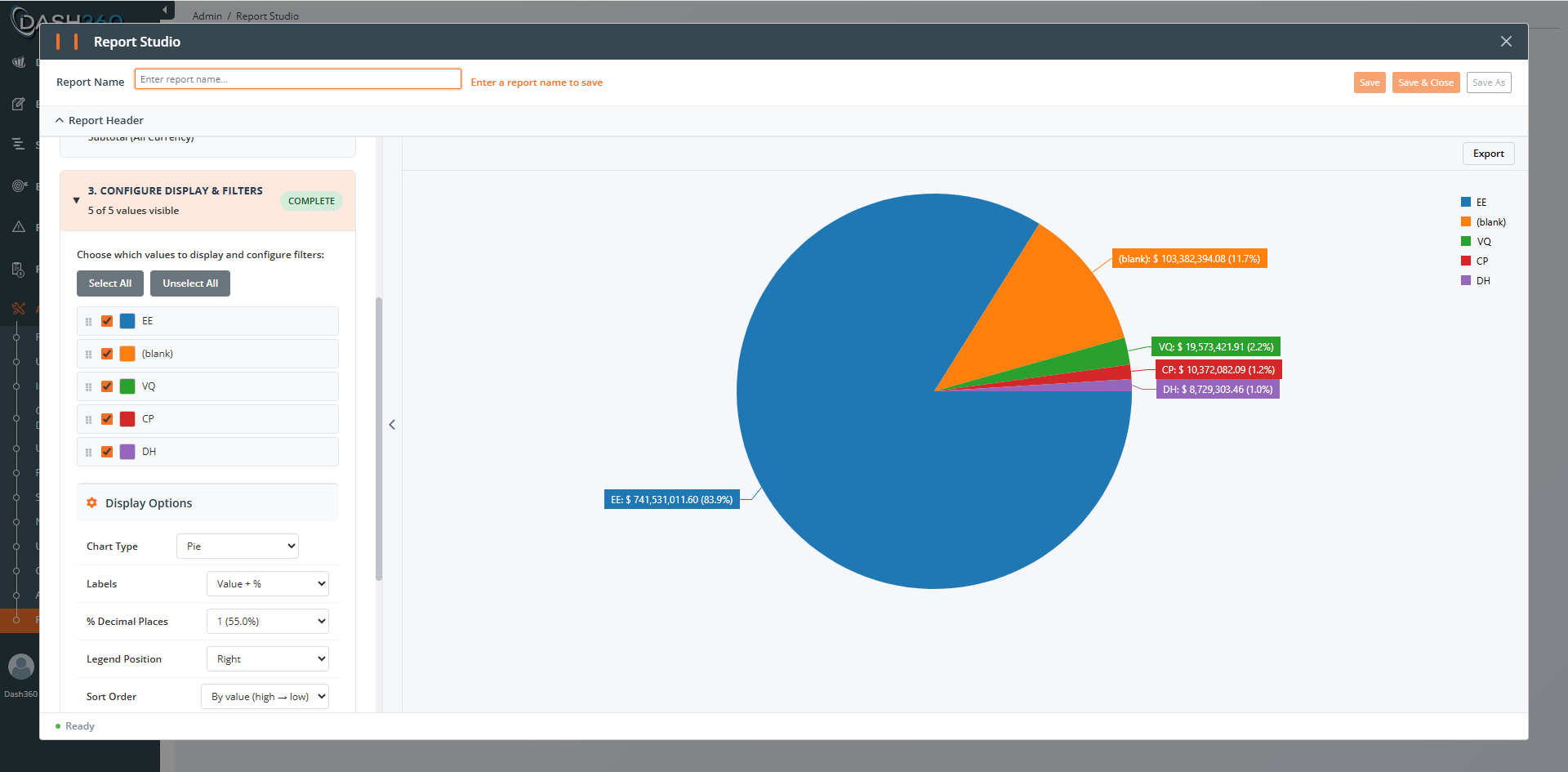 Pie and Doughnut display options: chart type, inner radius, labels, legend, sort, and group small values